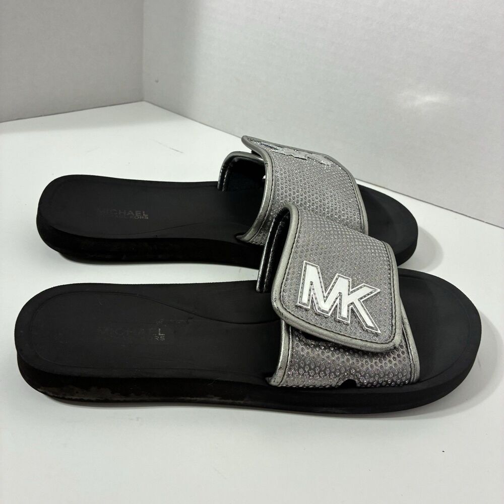 Michael Kors Women’s Size 5M Silver Glitter MK Logo Slide Sandals Black